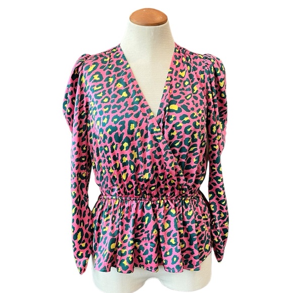 Scoop Tops - NWT SCOOP HOT PINK LEOPARD V-NECK PEPLUM LONG SLEEVE TOP 80s 90s FESTIVE PARTY